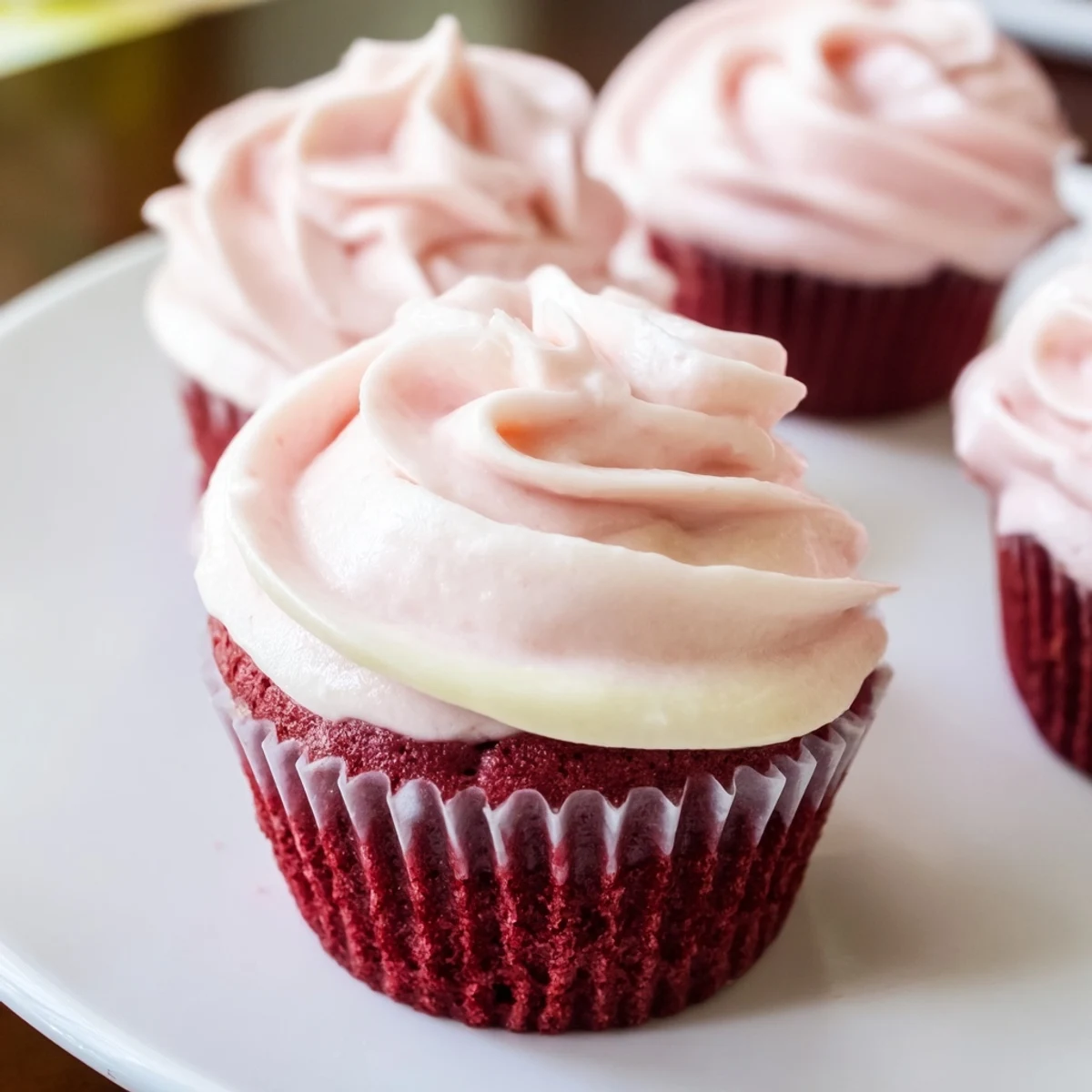 Moist Red Velvet Cupcakes with Pink Cream Cheese Frosting, topped with pink swirls and festive sprinkles on a marble counter.