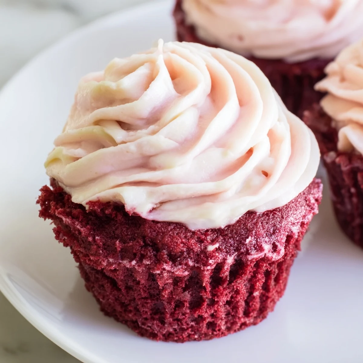 Freshly baked Red Velvet Cupcakes with Pink Cream Cheese Frosting, their vibrant red crumb peeking out from fluffy pink frosting.