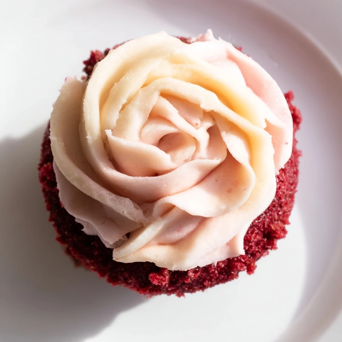 A close-up of a Red Velvet Cupcakes with Pink Cream Cheese Frosting, ready to serve on a cake stand with a glass of milk.