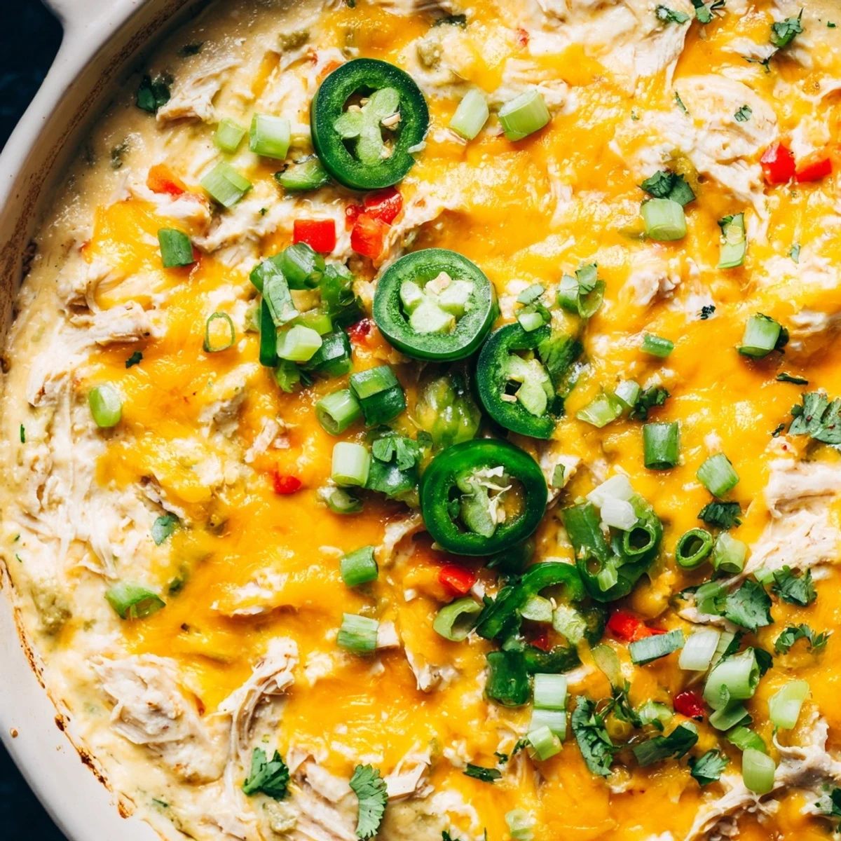 Golden melted cheese blankets a creamy Chicken Enchilada Dip, served hot in a dish next to crispy tortilla chips.