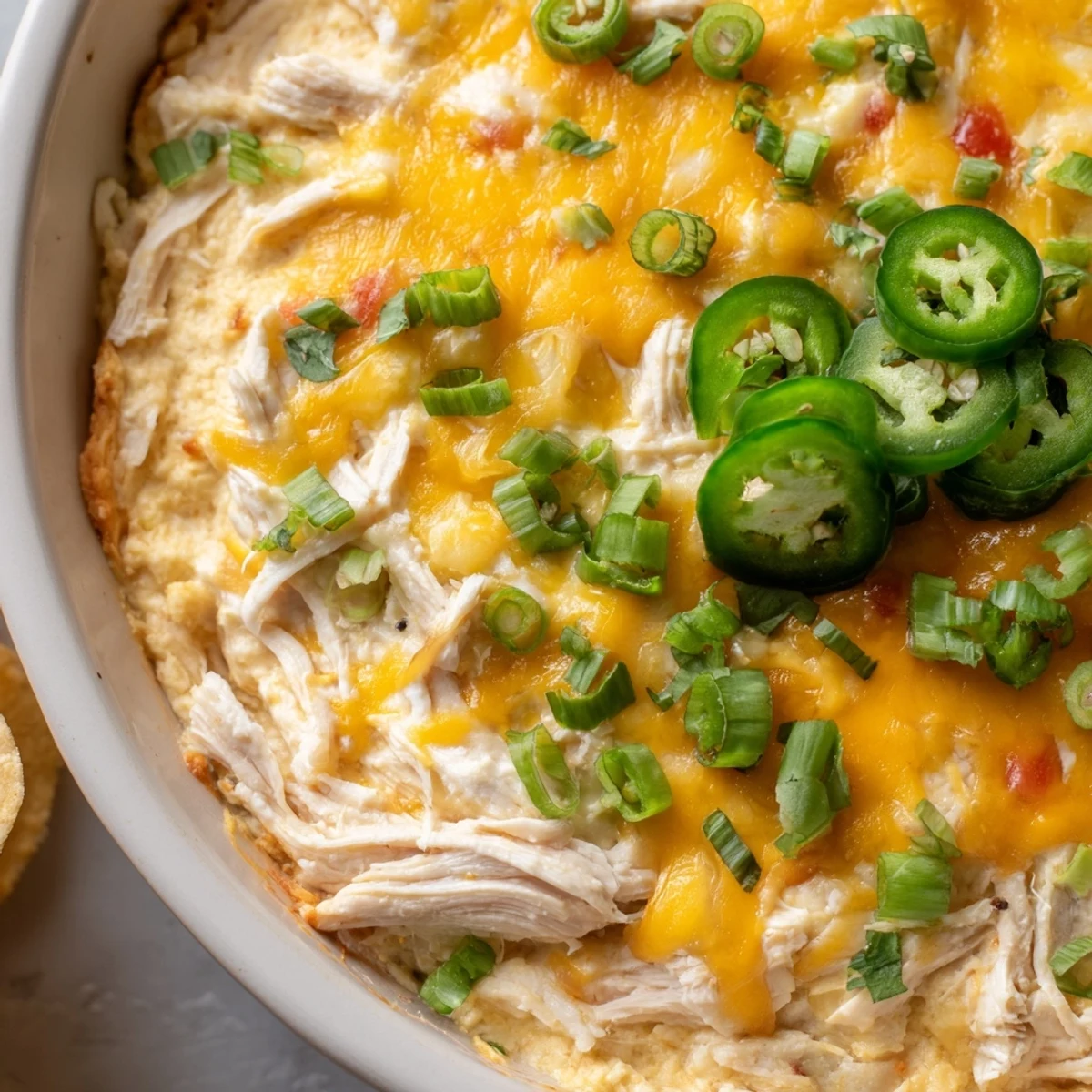 A spoon scoops into warm Chicken Enchilada Dip, revealing a rich, zesty enchilada sauce and tender chicken filling inside.