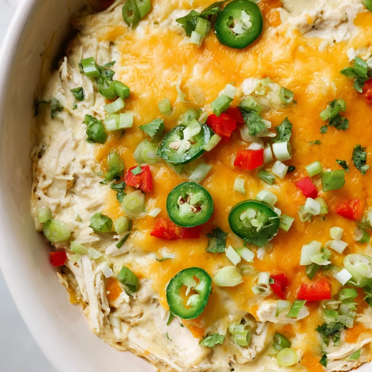 Fresh cilantro garnishes this bubbling Chicken Enchilada Dip, showcasing shredded chicken and red peppers peeking through the gooey top.
