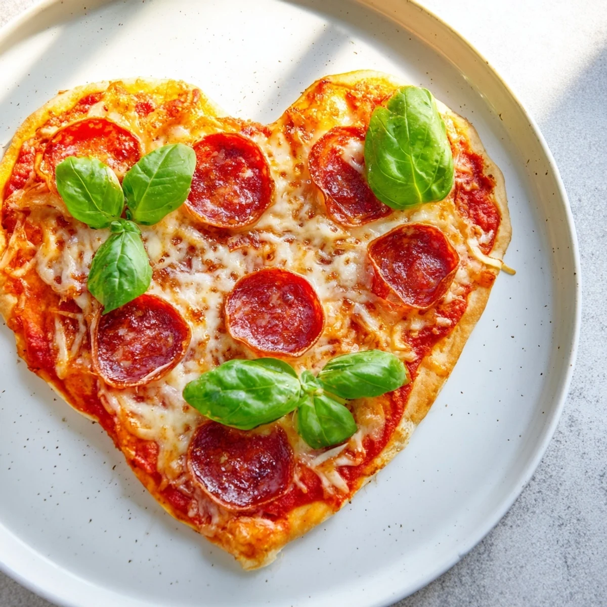 A close-up of a heart-shaped beef pepperoni pizza with melted mozzarella and fresh basil on a rustic board.