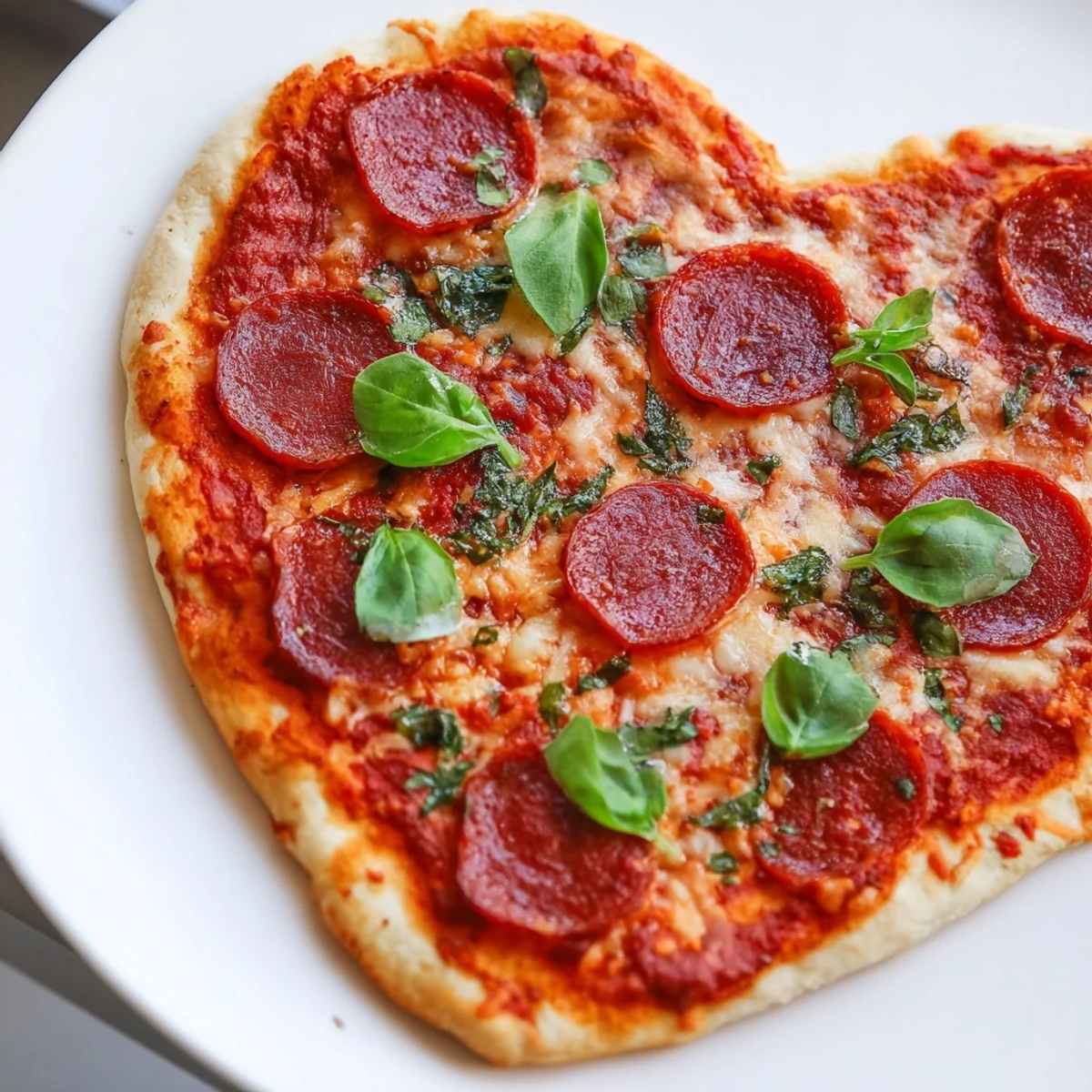 Fresh basil leaves and golden, crispy crust highlight this heart-shaped beef pepperoni pizza, ready for a cozy dinner.