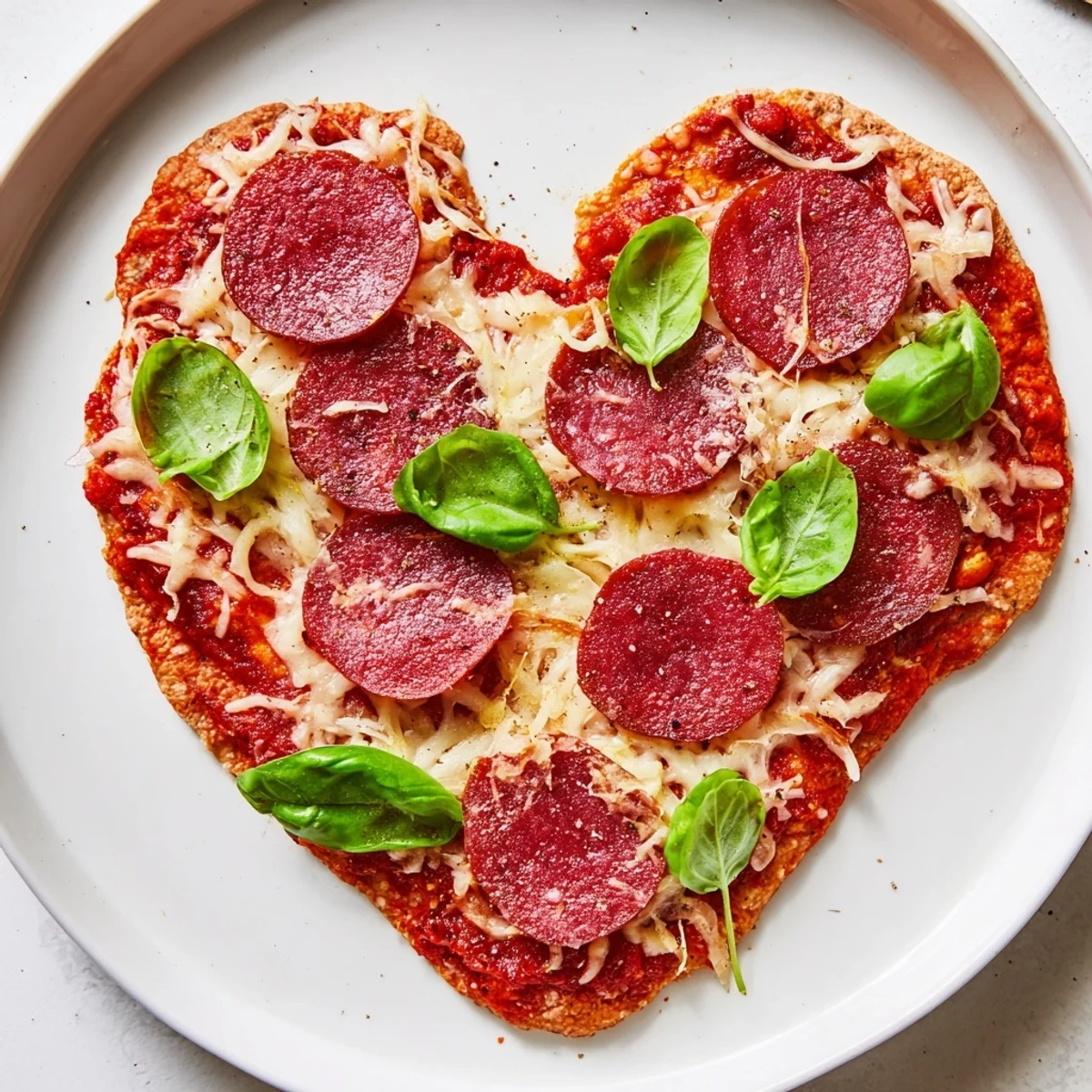 Heart-shaped beef pepperoni pizza with bubbling cheese and zesty tomato sauce, served on a white marble counter.