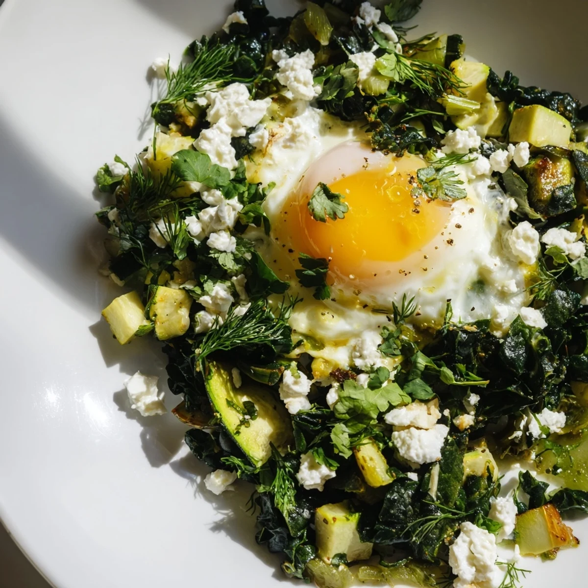 Vibrant green shakshuka with spinach, kale, and zucchini, topped with poached eggs and crumbled feta in a rustic skillet.