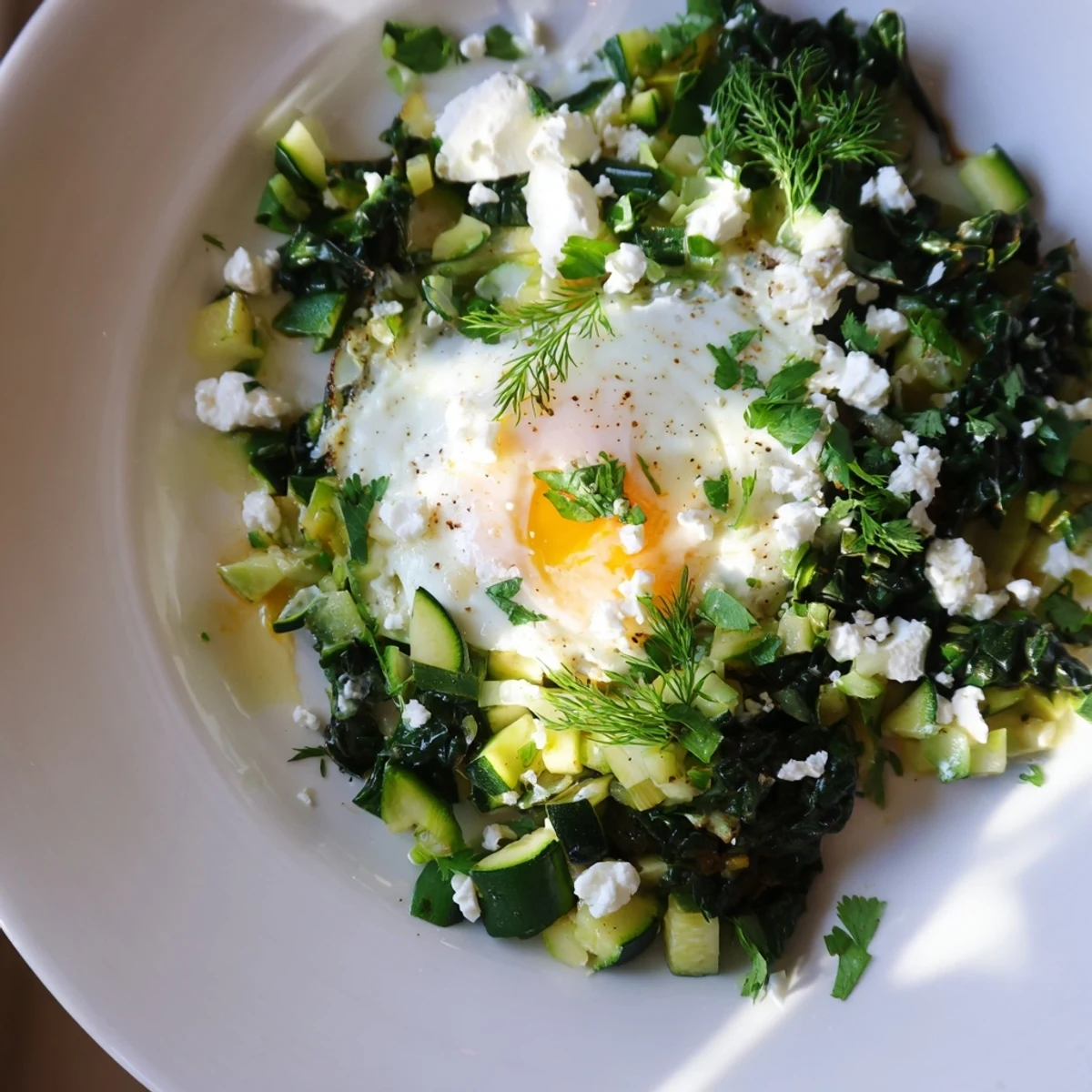 Healthy green shakshuka with spinach and feta, beautifully garnished with fresh herbs and ready for a savory brunch plate.