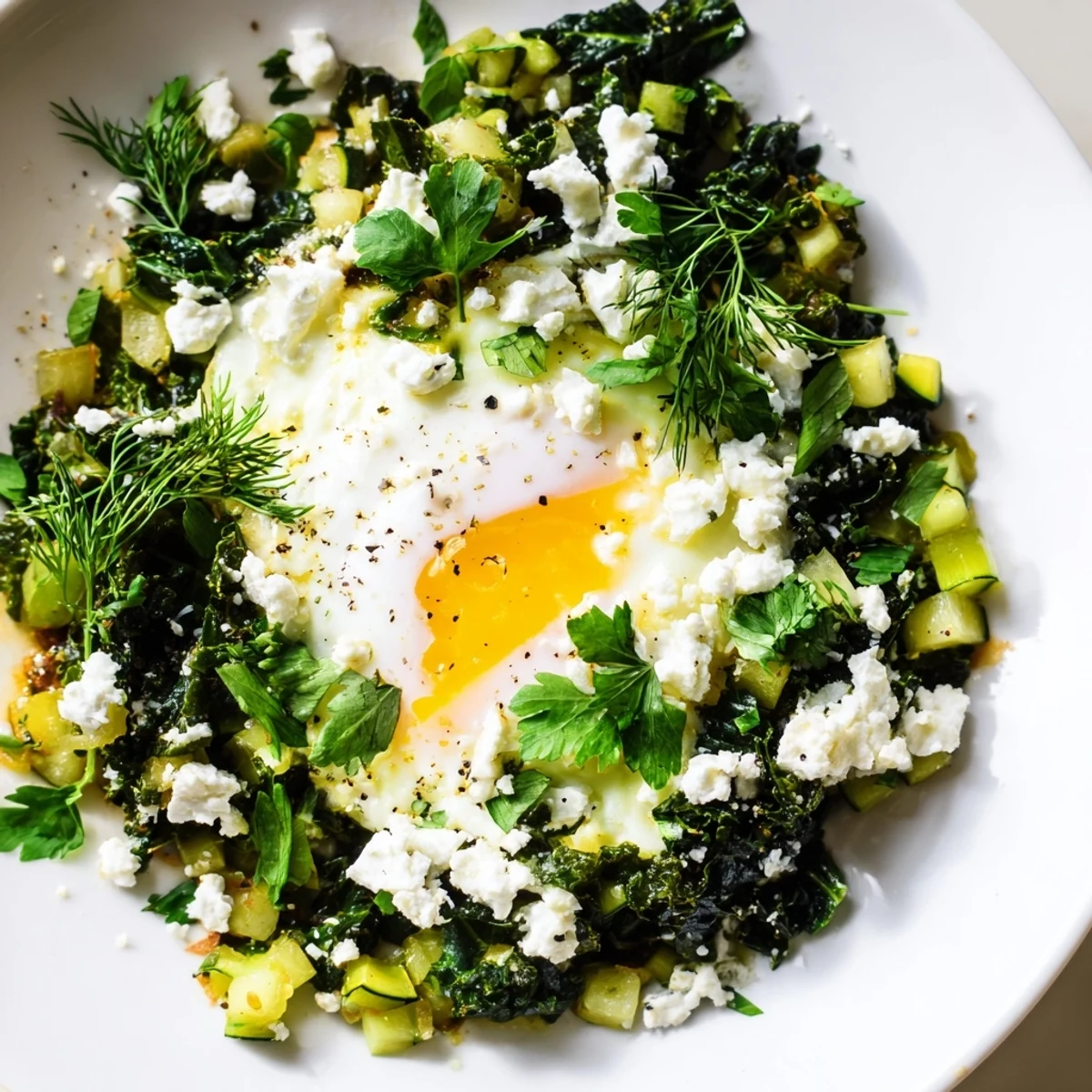 A close-up of green shakshuka featuring wilted greens, poached eggs, and creamy feta, served with toasted bread for dipping.