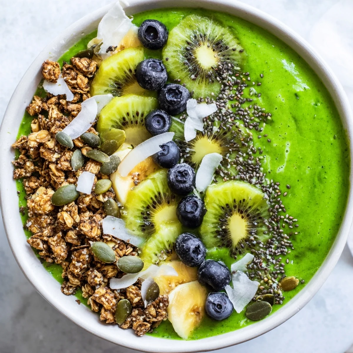 Vibrant green Shamrock Green Smoothie Bowl topped with sliced kiwi, granola, and coconut flakes on a marble counter.