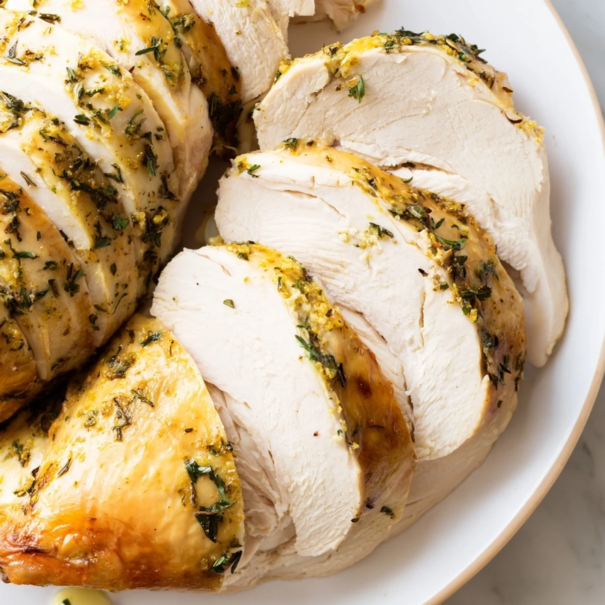 Golden-brown Savory Herb Roasted Turkey Breast, skin crisped to perfection with fresh rosemary and thyme.  