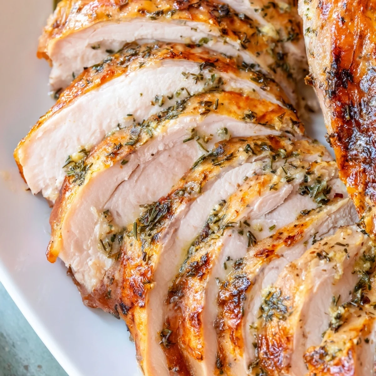 Perfectly carved Savory Herb Roasted Turkey Breast, glistening with herb butter and pan juices.