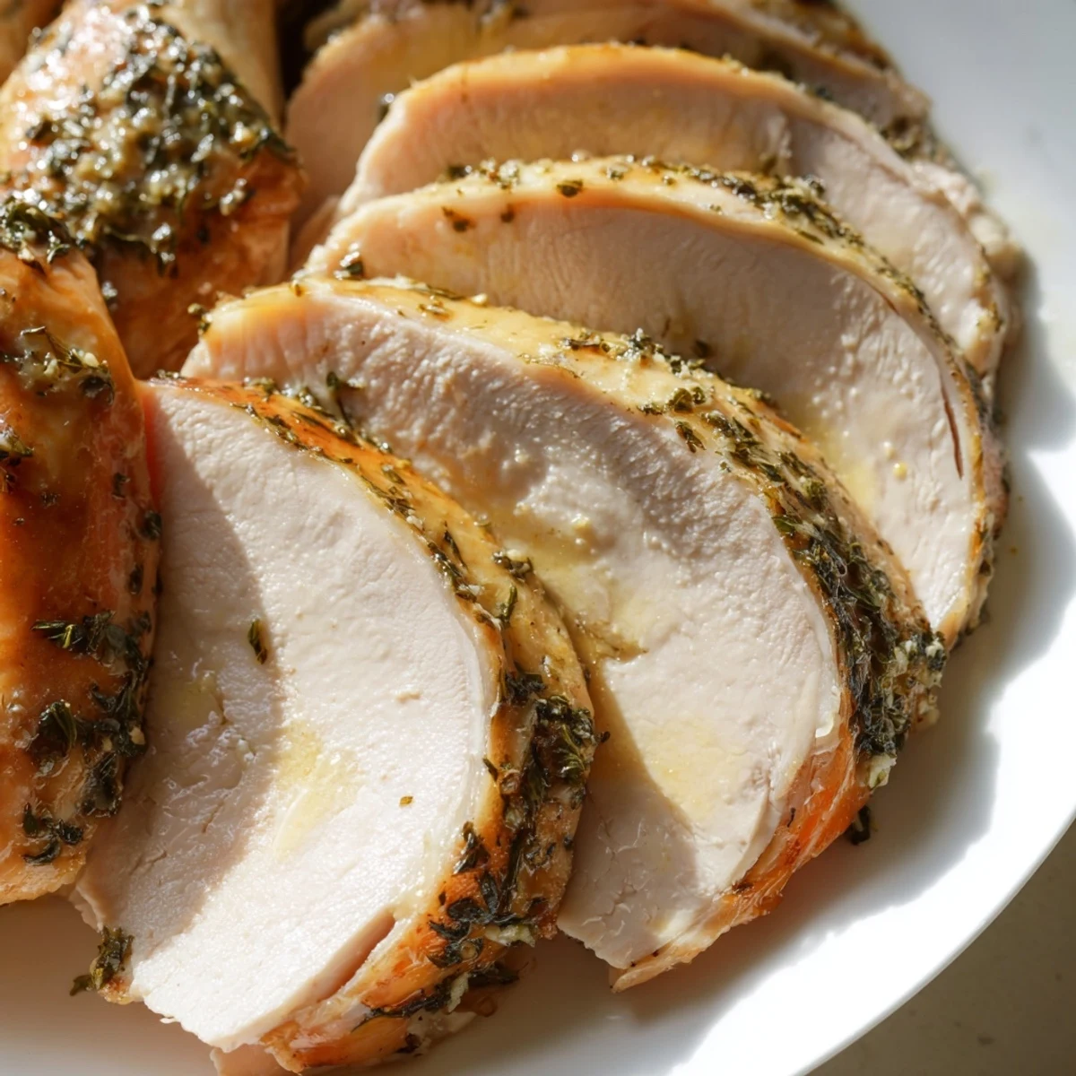 Juicy slices of Savory Herb Roasted Turkey Breast served on a platter with roasted vegetables.  