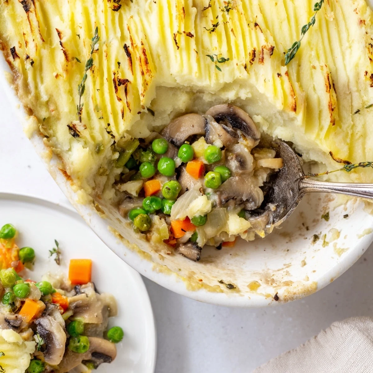 Creamy Mushroom and Leek Shepherds Pie in a white dish, golden brown mashed potato ridges on top beside a green salad garnish.  