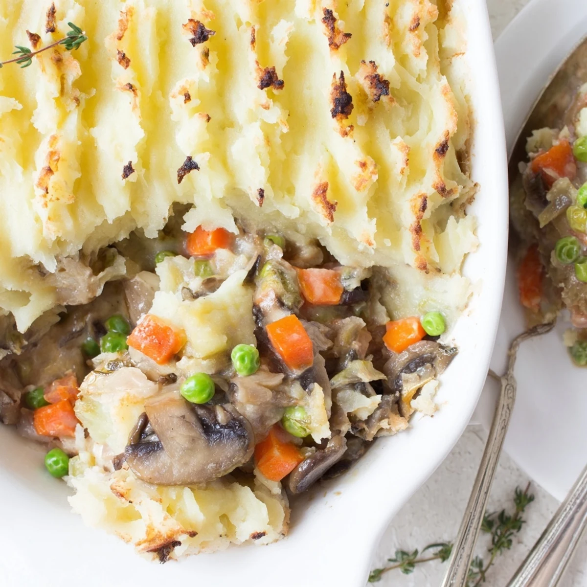 A close-up of creamy mushroom and leek filling beneath buttery mashed potato topping, served hot from the oven.  