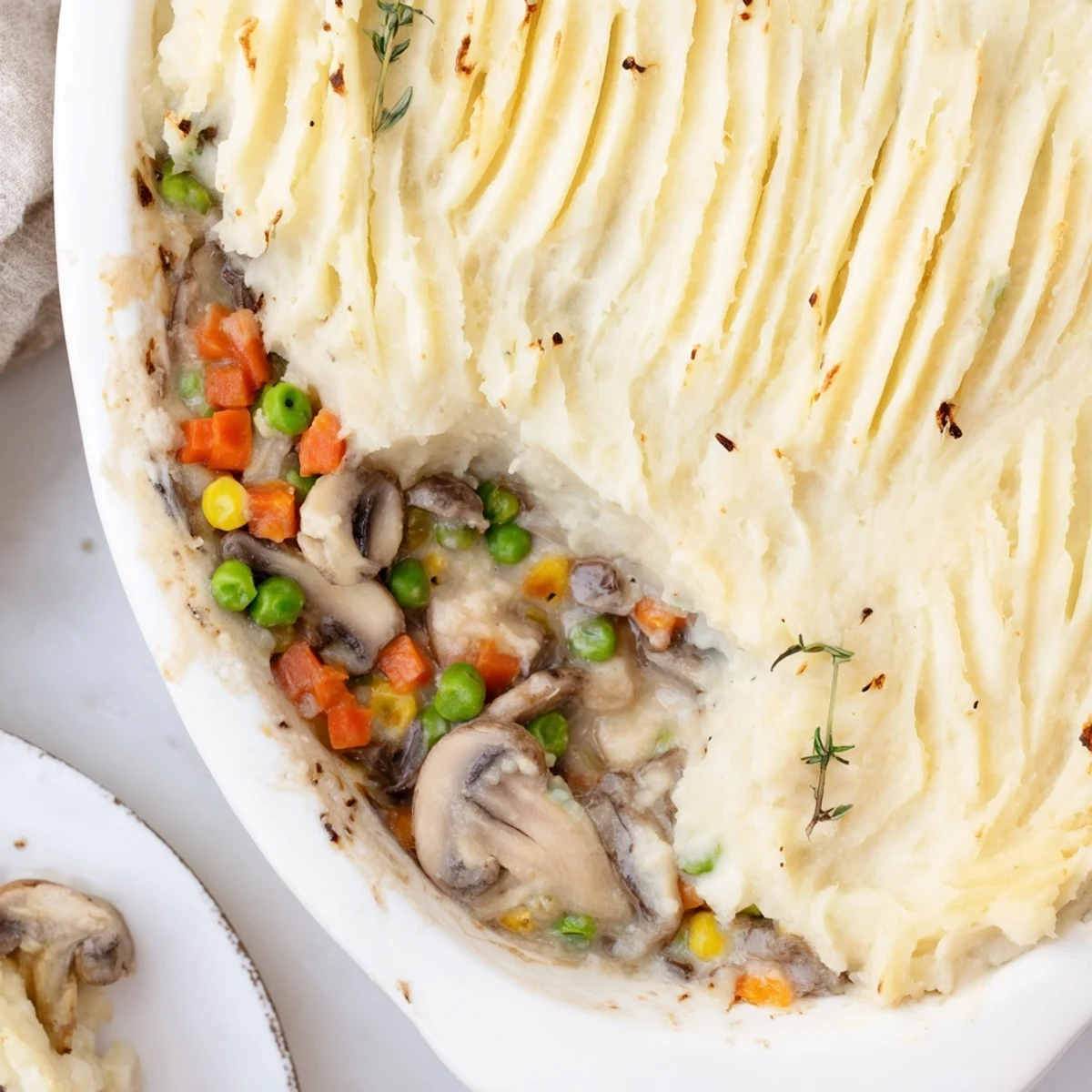 Vegetarian Creamy Mushroom and Leek Shepherds Pie with a golden crust, ready to serve with fresh thyme garnish.