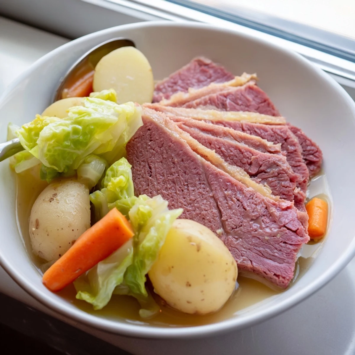 Tender corned beef brisket with cabbage and potatoes, simmered in a savory broth and served hot on a platter.