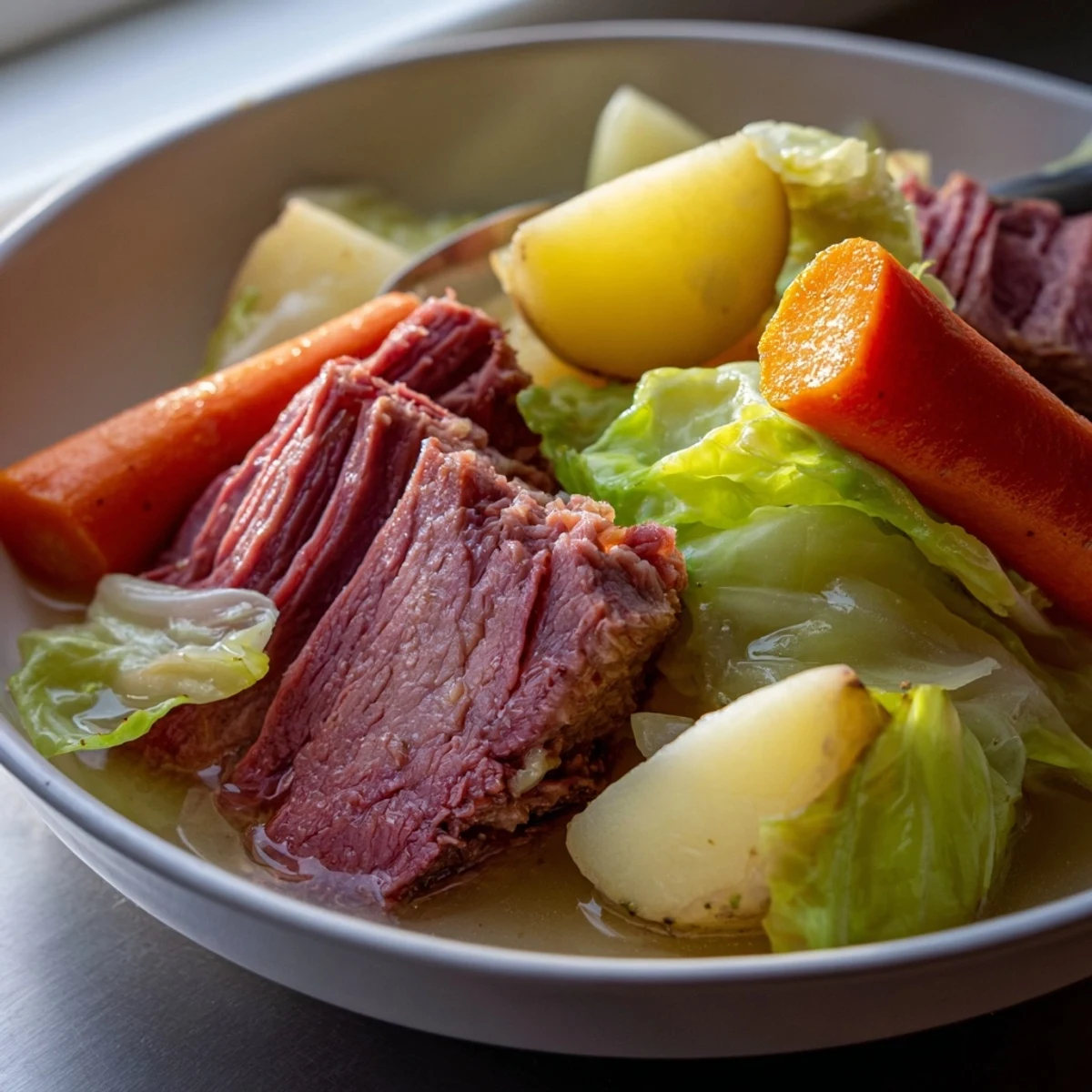 Classic corned beef brisket with cabbage and potatoes, arranged with carrots and onions on a warm serving dish.