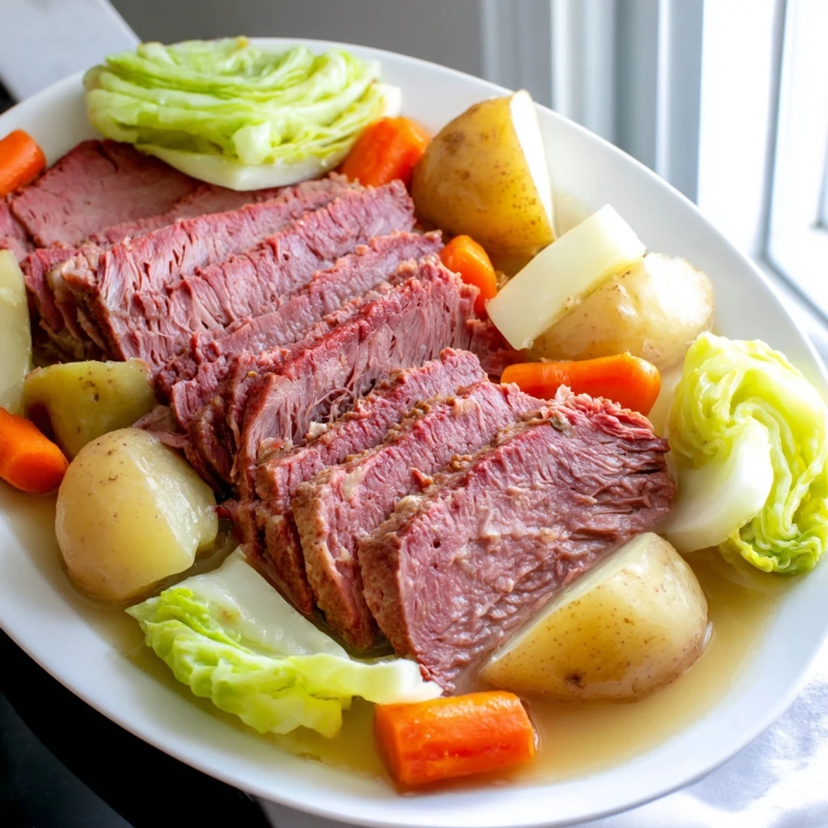 Hearty corned beef brisket with cabbage and potatoes, sliced thin and garnished with fresh parsley for a cozy meal.