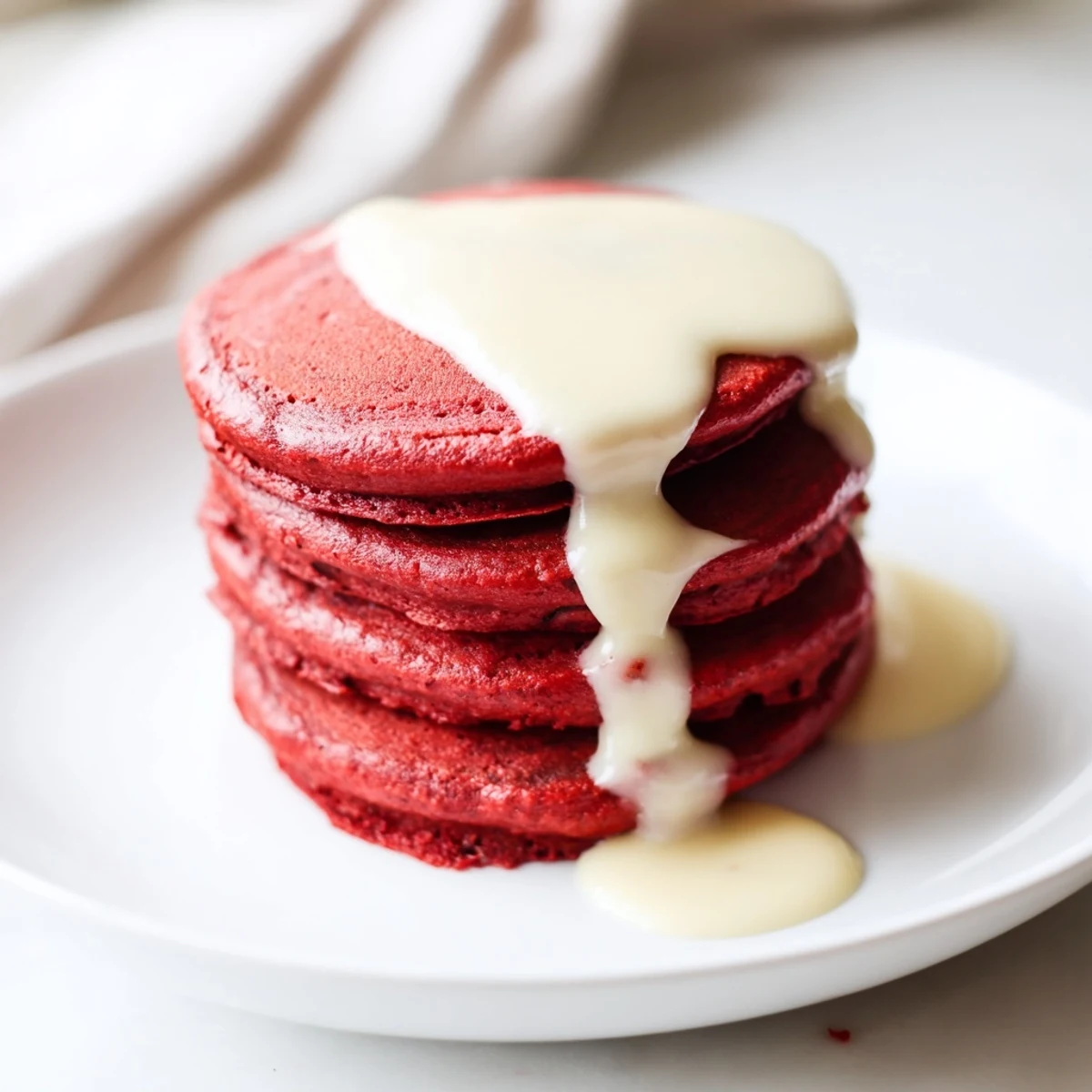 Stacked red velvet pancakes with cream cheese glaze, topped with fresh berries for a festive breakfast or brunch.