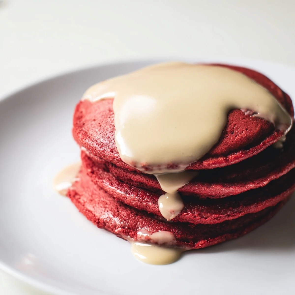 Golden-brown red velvet pancakes with a vibrant red hue, served warm with a generous pour of cream cheese glaze.