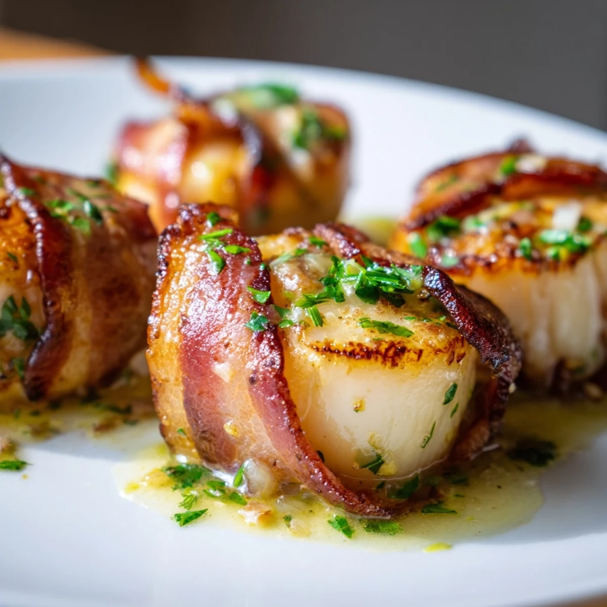 Golden-brown beef bacon wrapped scallops glistening with lemon butter sauce on a white plate.  