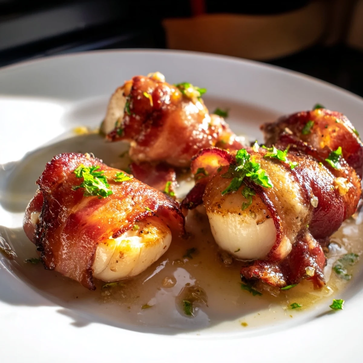 Succulent scallops wrapped in beef bacon, oven-roasted and drizzled with zesty lemon butter.  