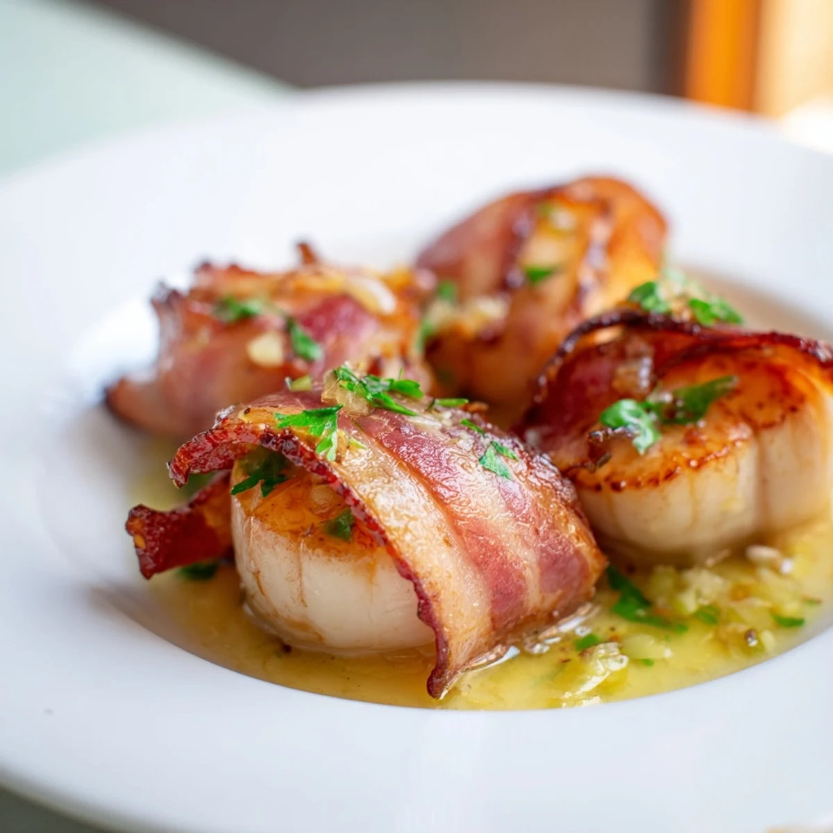Gluten-free Beef Bacon Wrapped Scallops, served warm as an elegant main course.