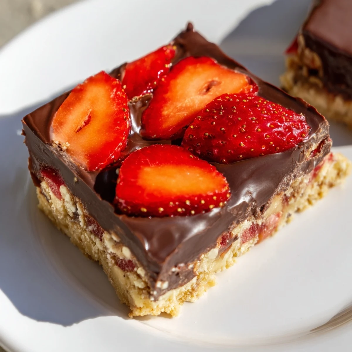 A slice of Chocolate Covered Strawberry Cheesecake Bars rests on a white plate, showcasing the creamy filling studded with diced berries and a glossy dark chocolate layer.