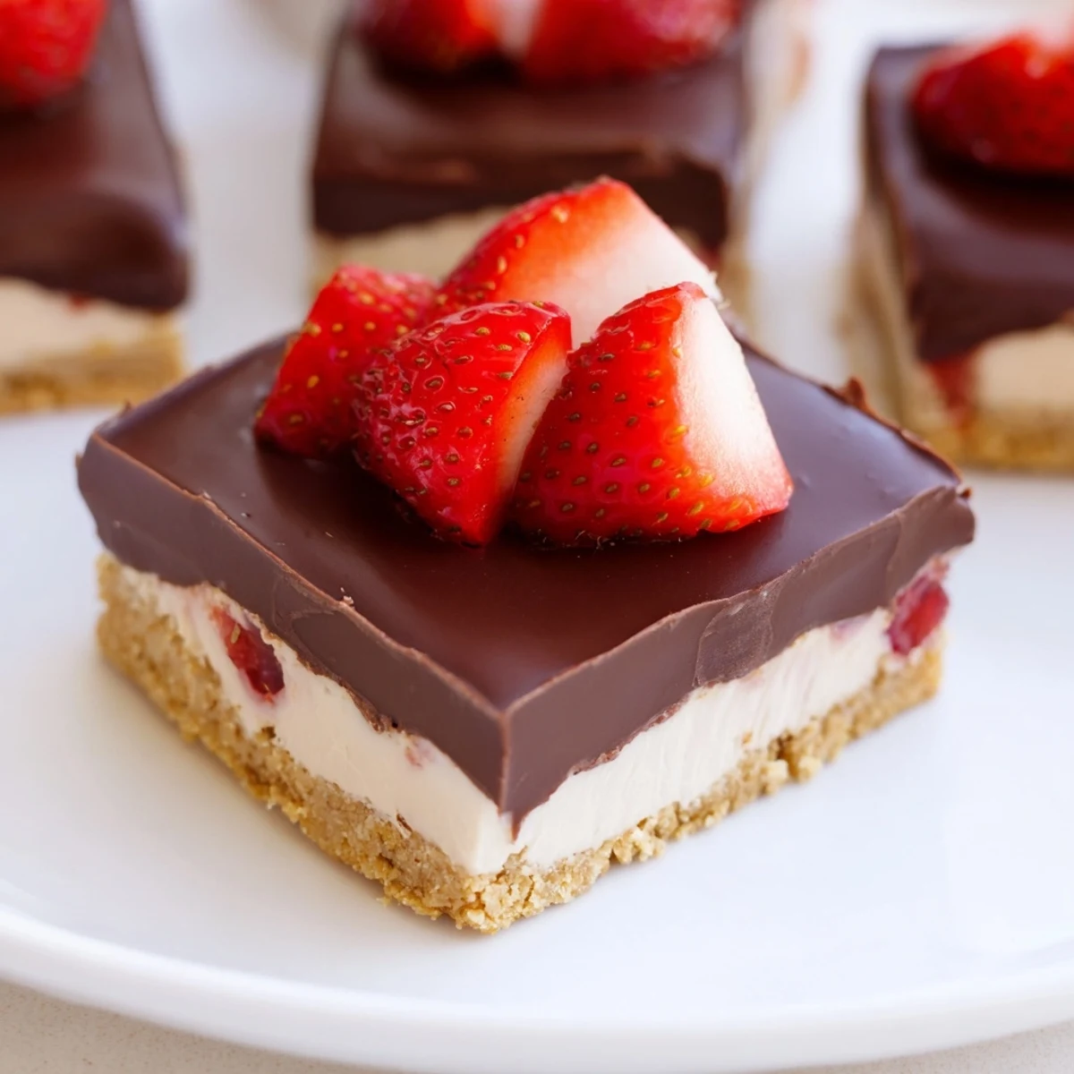 Freshly cut squares of Chocolate Covered Strawberry Cheesecake Bars are arranged on parchment paper, revealing a graham cracker crust and indulgent, party-ready dessert layers.