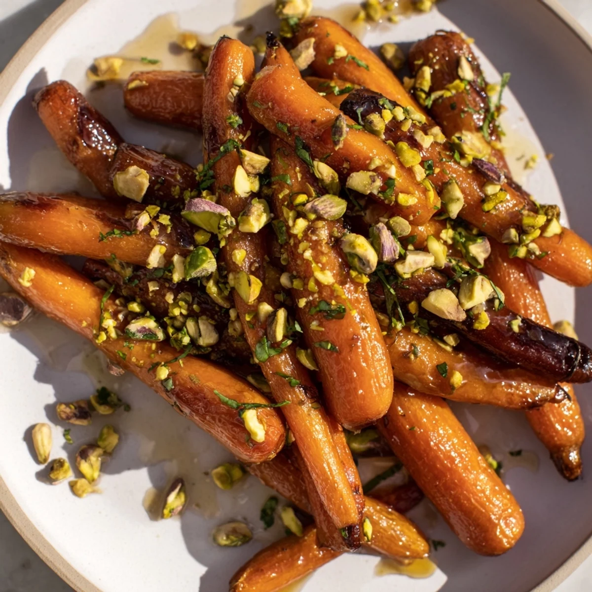 Caramelized roasted carrots with honey and pistachios on a serving platter, garnished with fresh parsley for a vibrant side dish.
