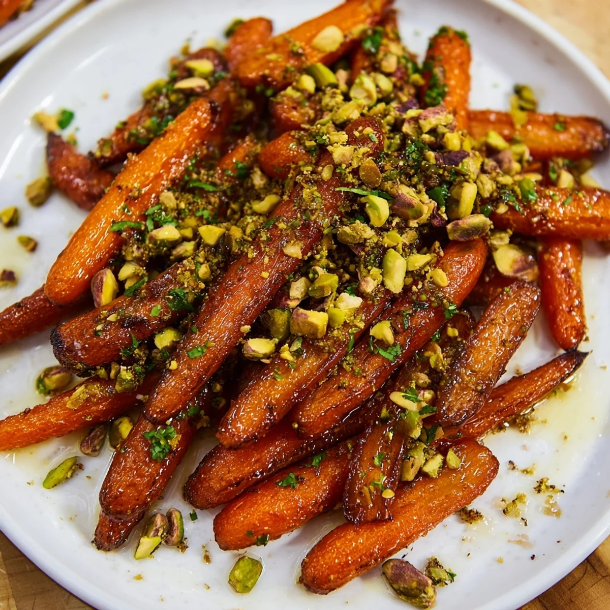 Sweet roasted carrots with honey and pistachios, served warm as an easy, elegant vegetarian side dish for holiday dinners.