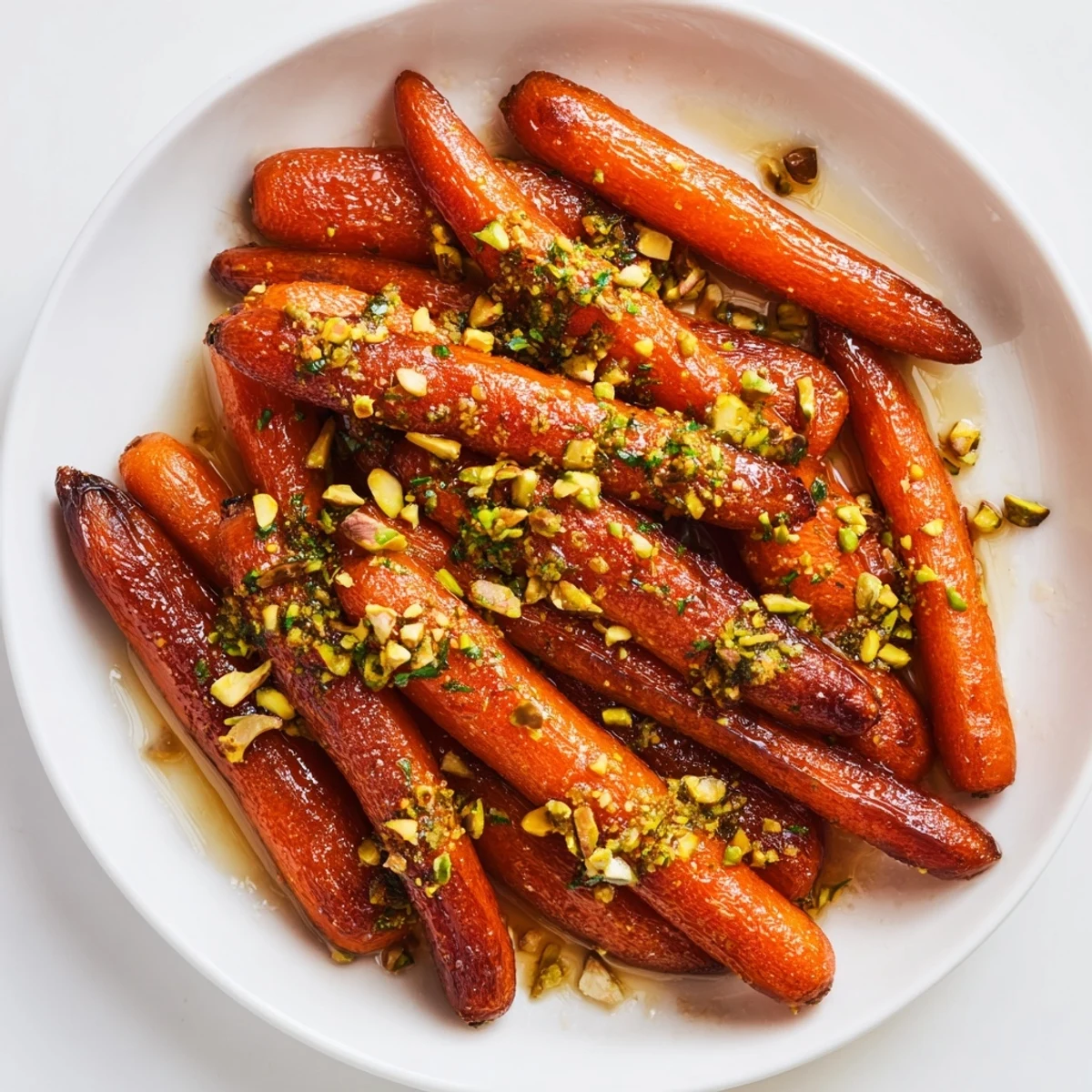Golden roasted carrots drizzled with honey and topped with crunchy pistachios, ready to serve alongside a main course.