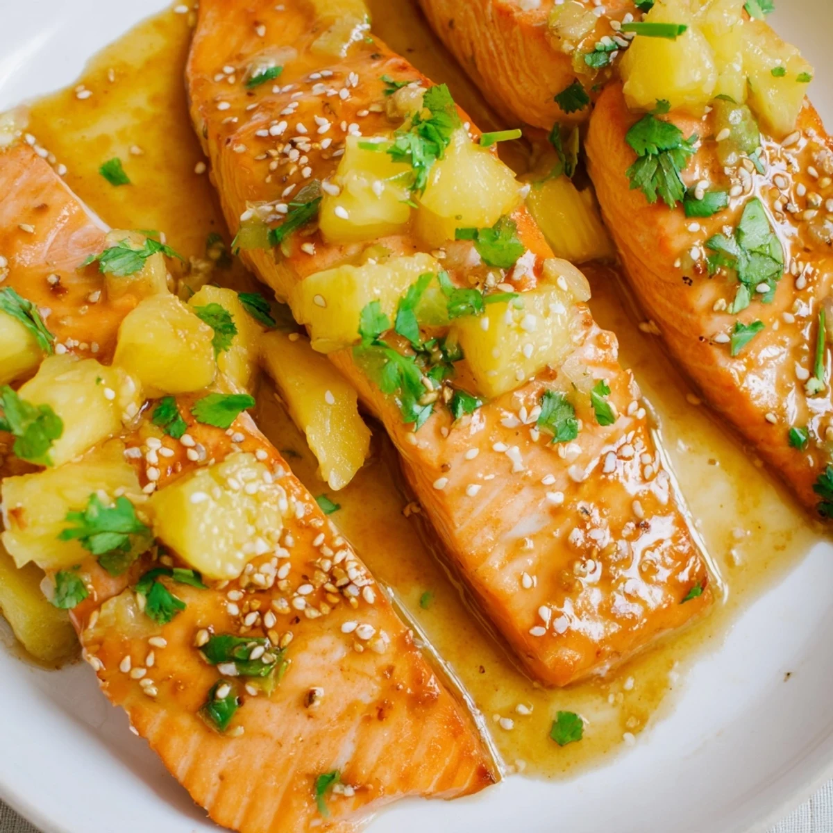 Oven-baked Pineapple Glazed Salmon Fillets on a plate with fresh pineapple chunks and cilantro garnish.