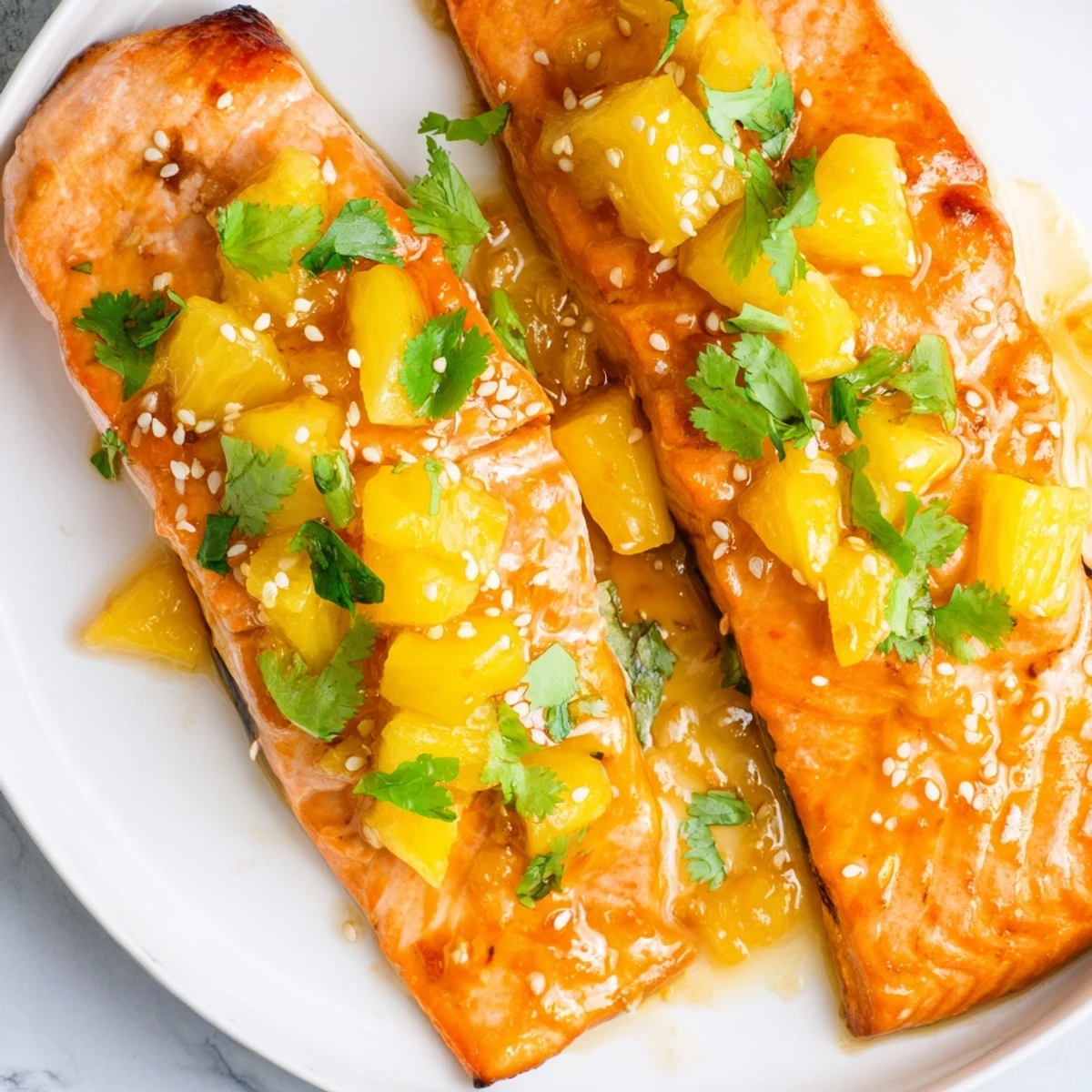 Tropical Pineapple Glazed Salmon Fillets served over steamed rice with a drizzle of extra glaze.