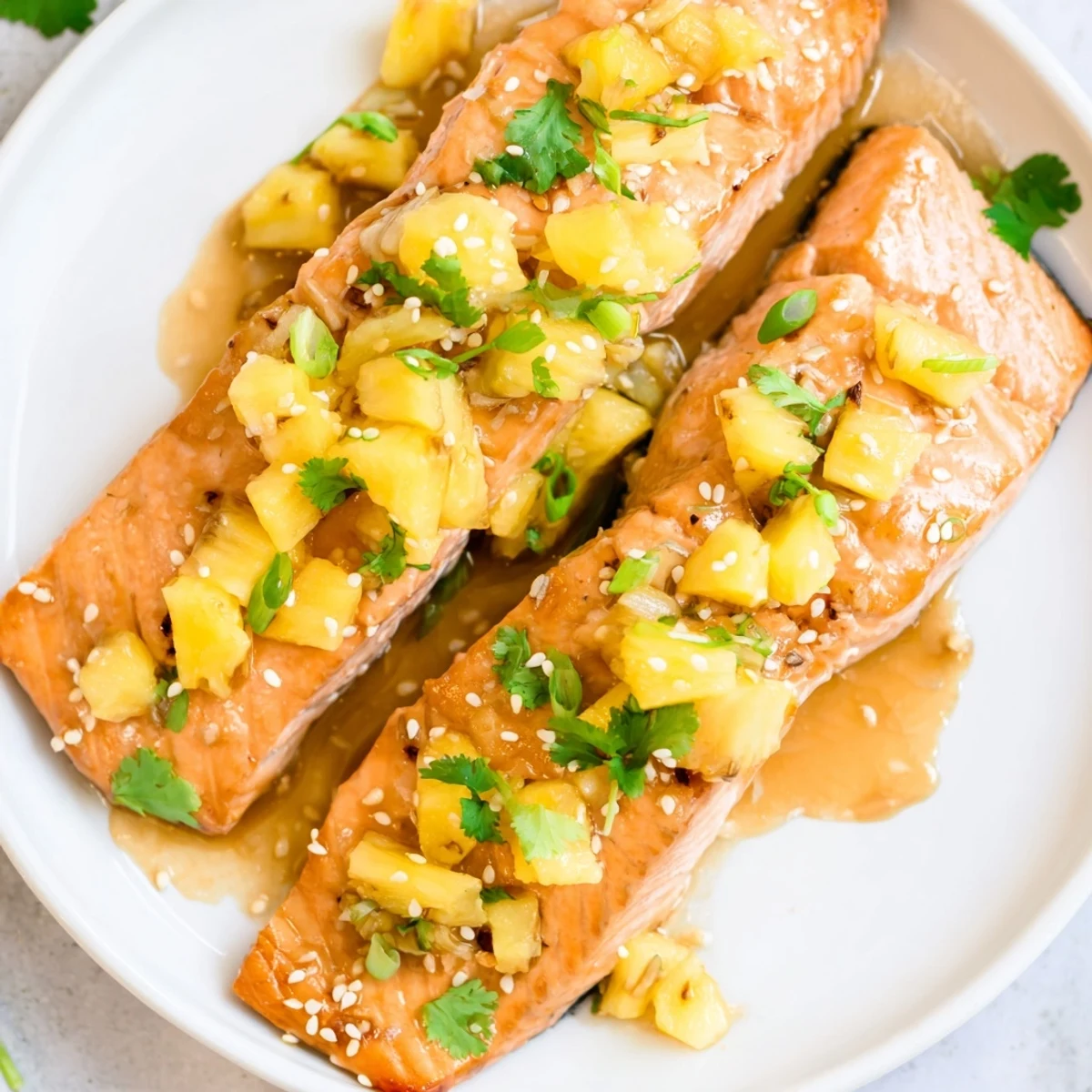 Close-up of juicy Pineapple Glazed Salmon Fillets topped with sesame seeds and chopped green onions.