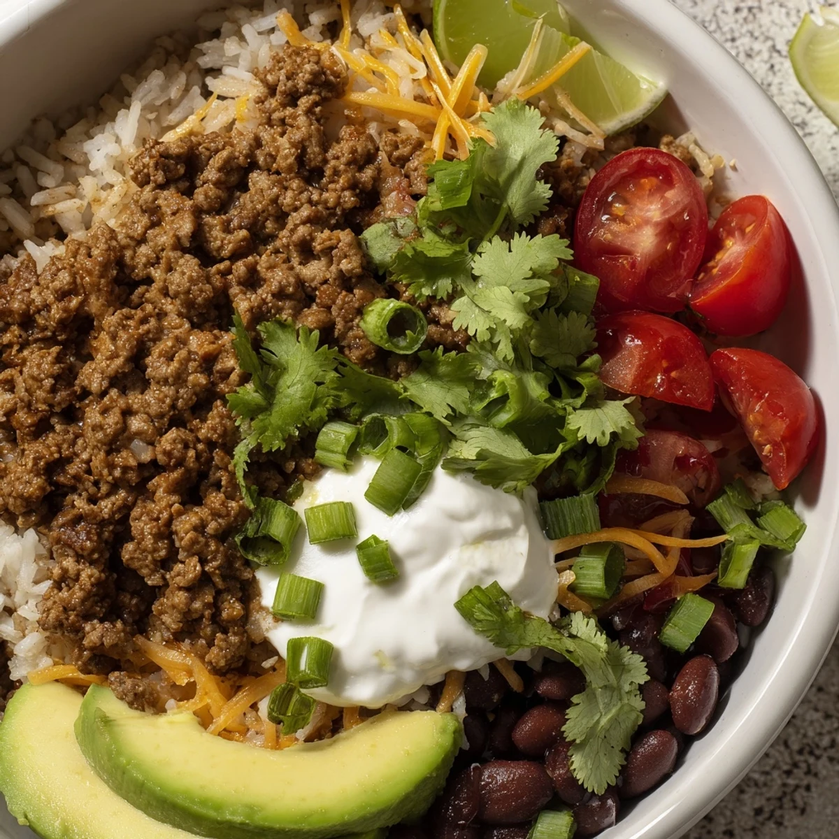 Beef Burrito Bowls with Rice and Beans served in a white bowl with fluffy cilantro-lime rice, hearty black beans, ground beef, tomatoes, green onions, and lime wedges. 