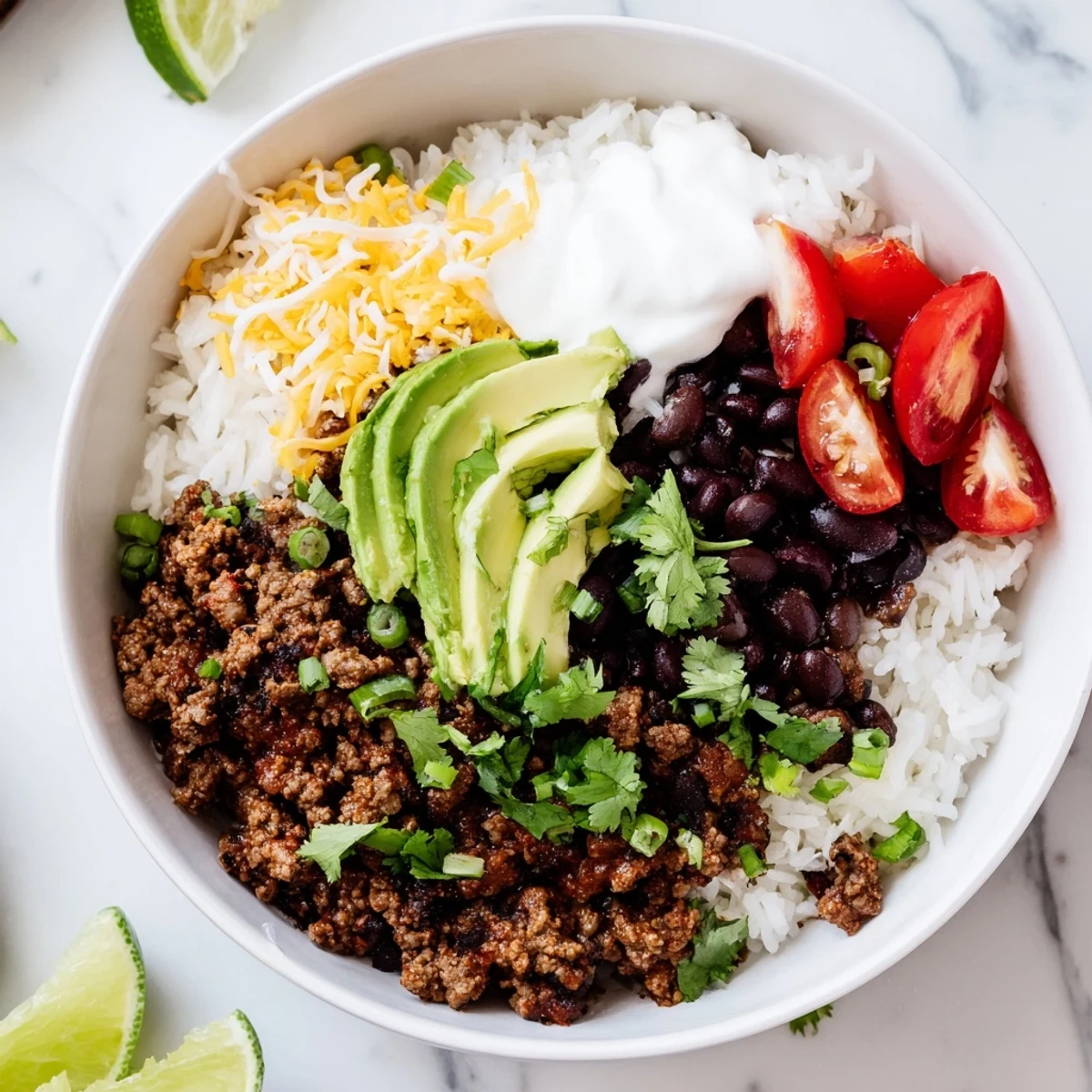 Overhead view of colorful Beef Burrito Bowls with Rice and Beans featuring seasoned ground beef, beans, rice, avocado, cheese, sour cream, and pico de gallo.