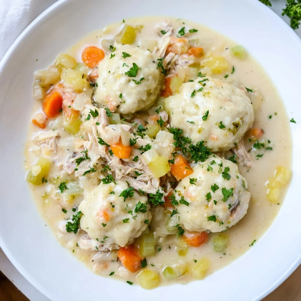 A ladle scoops Slow Cooker Chicken and Dumplings, revealing shredded chicken, carrots, and herbs in rich broth.