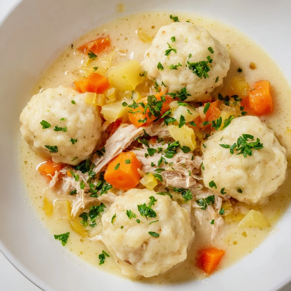 Serving suggestion for Slow Cooker Chicken and Dumplings garnished with fresh parsley alongside warm dinner rolls.