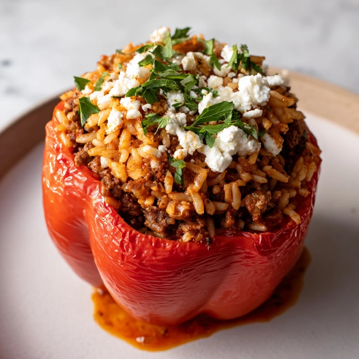 Bright red bell peppers stuffed with savory ground beef, rice, and herbs, baked in tomato sauce and topped with crumbled feta.