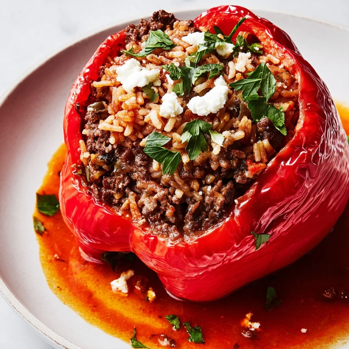Mediterranean Stuffed Bell Peppers with Beef showcased in a baking dish, garnished with fresh parsley and bubbling tomato sauce.