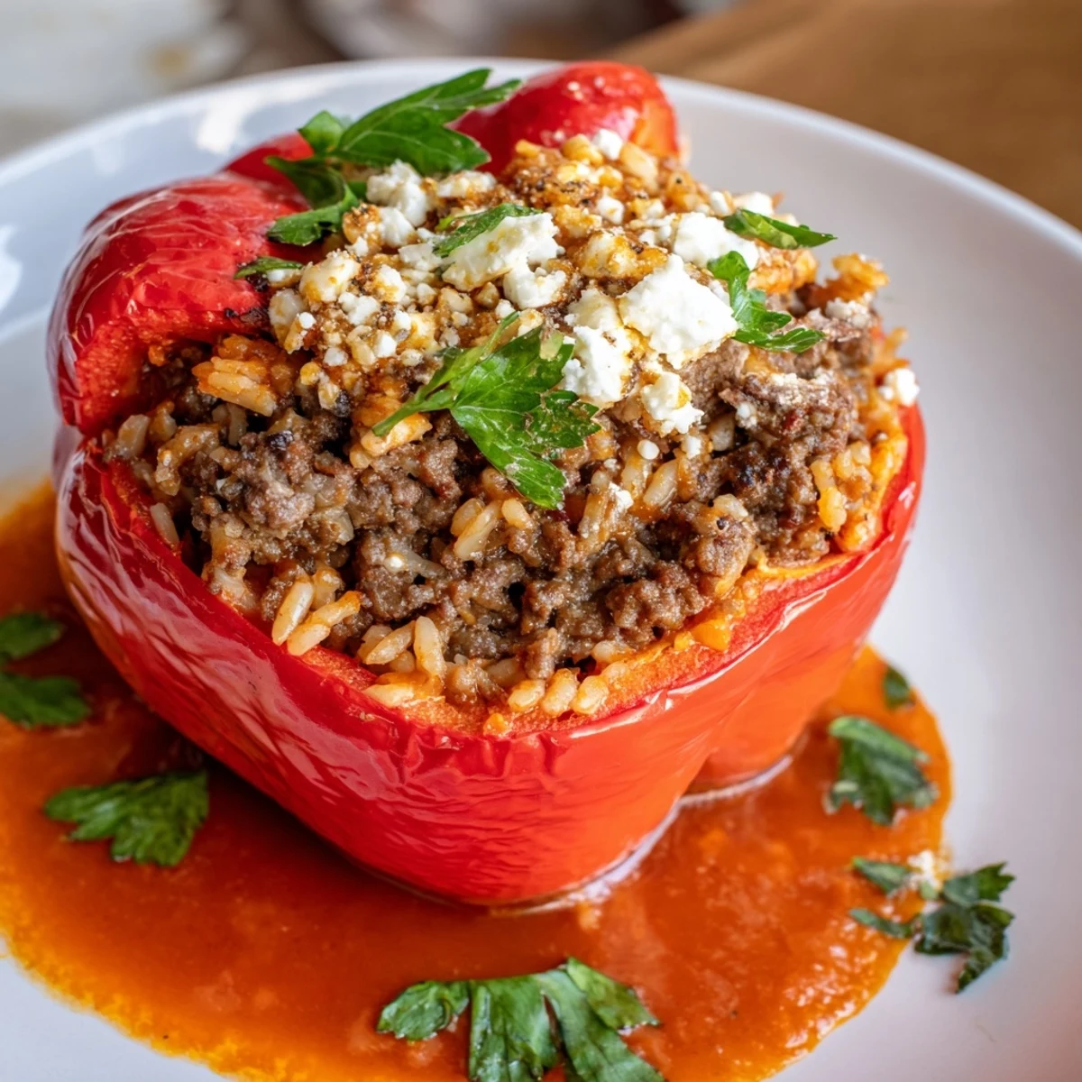 Freshly baked Mediterranean Stuffed Bell Peppers with Beef served hot, revealing a hearty beef and rice filling inside tender peppers.