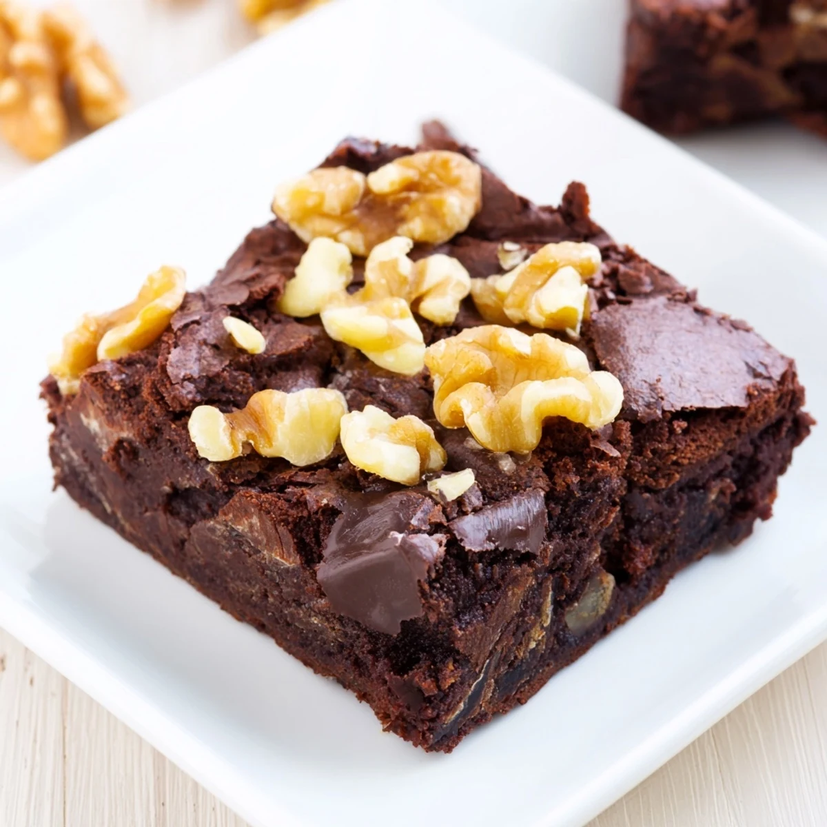 A close-up of Chocolate Fudge Brownies with Walnuts, showcasing a rich, glossy top and a tender, chewy interior with crunchy nut pieces.