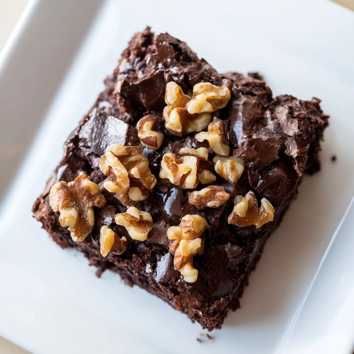 An overhead view of freshly baked Chocolate Fudge Brownies with Walnuts, cut into neat squares and arranged on a rustic wooden board.