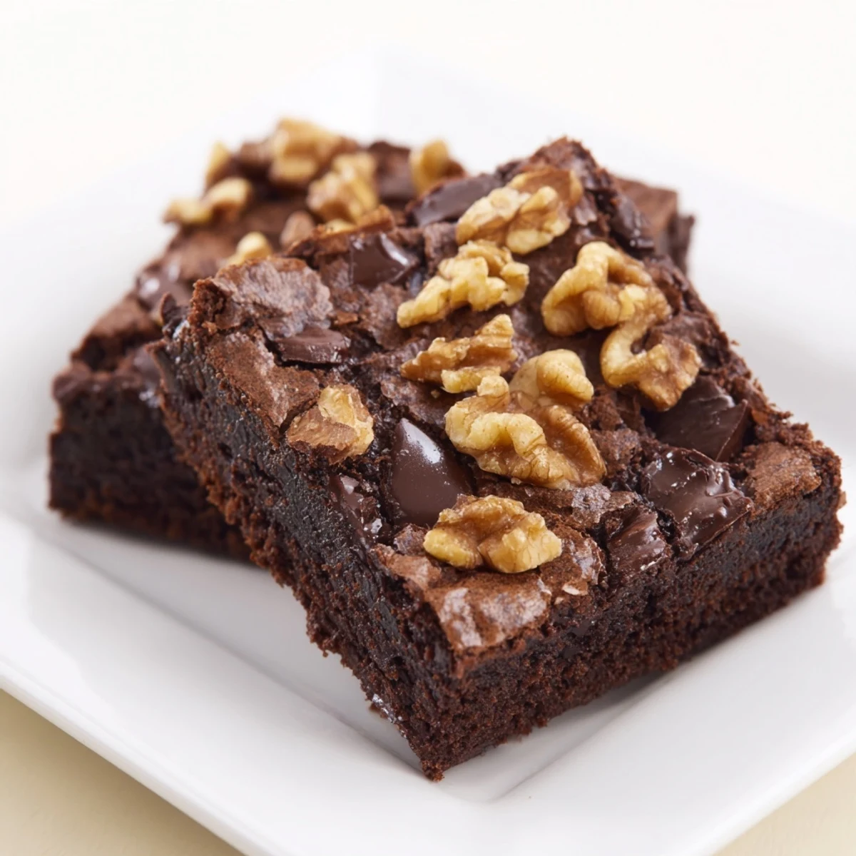 A square of Chocolate Fudge Brownies with Walnuts rests on a white plate, with a scoop of vanilla ice cream melting beside it.