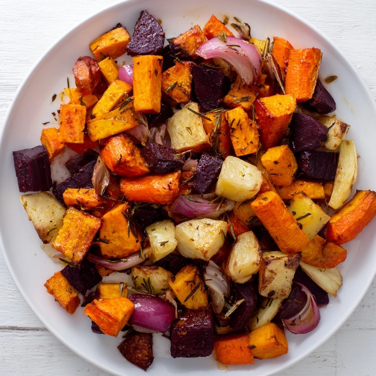 Golden roasted root vegetable medley with herbs glistening on a baking sheet, ready to serve.