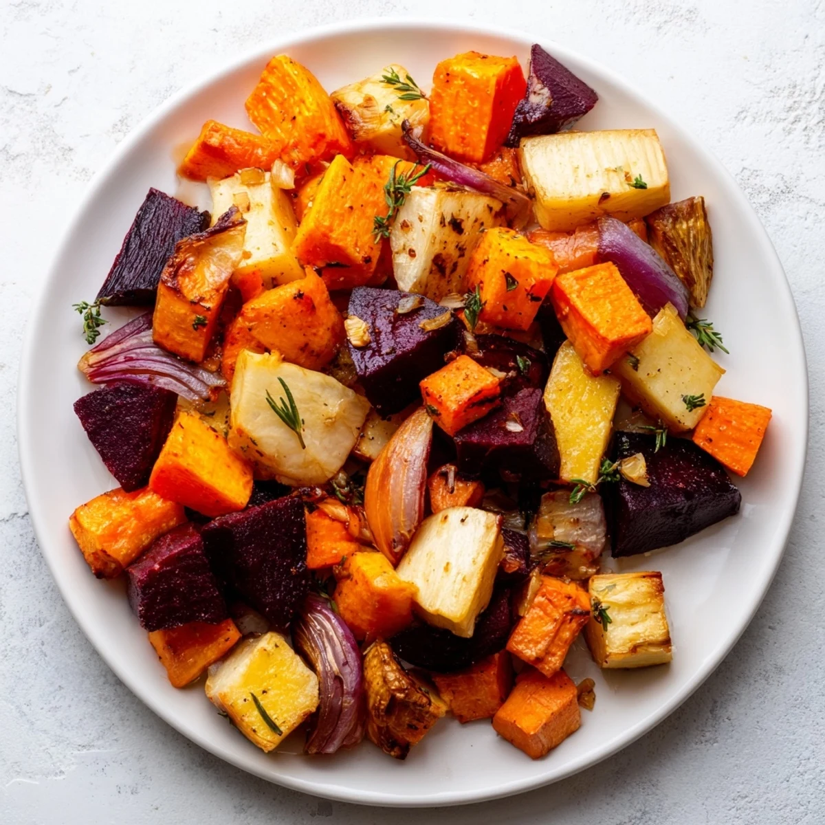 Colorful roasted root vegetable medley with herbs in a white bowl, topped with fresh parsley.