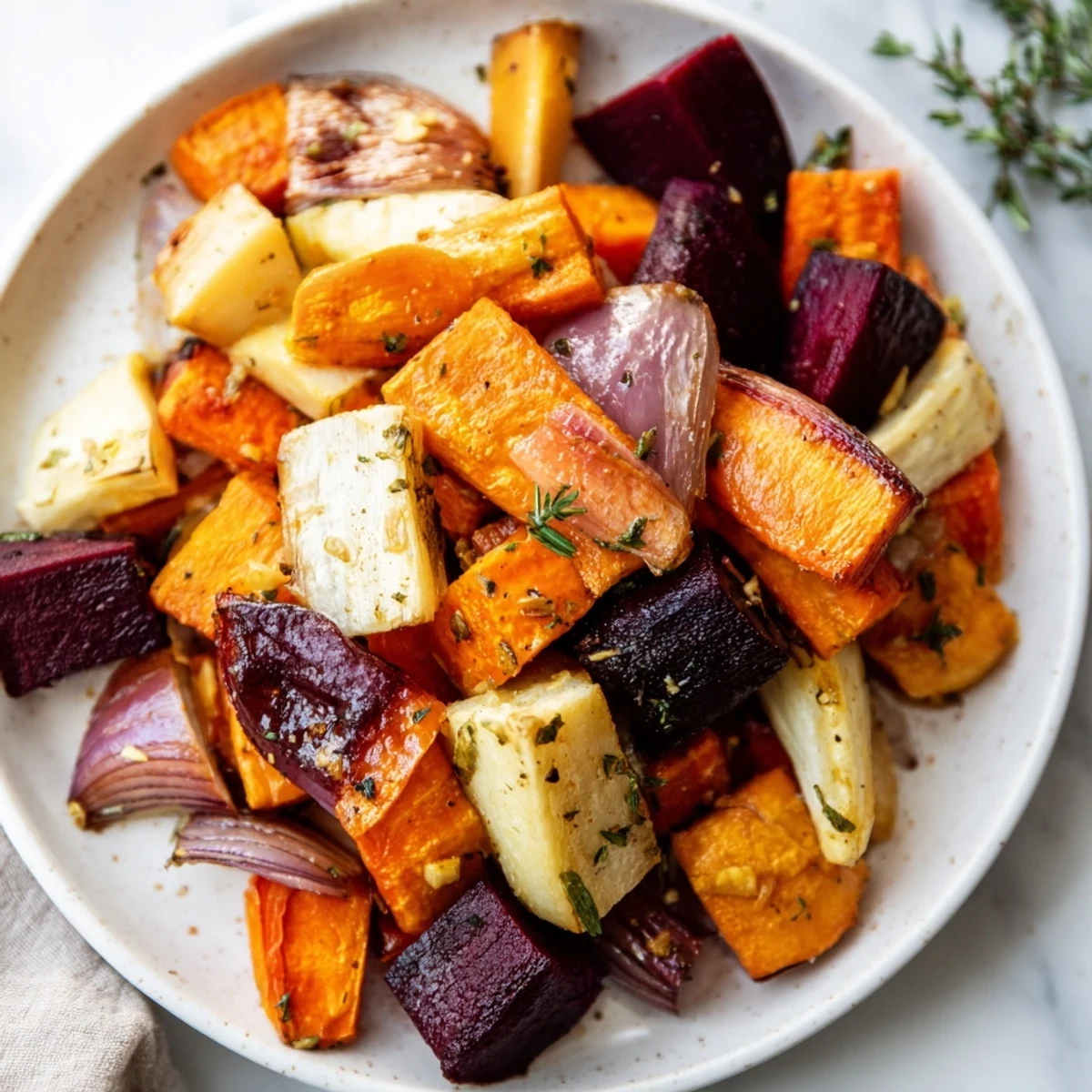 A warm platter of roasted root vegetable medley with herbs beside a rustic loaf of bread.