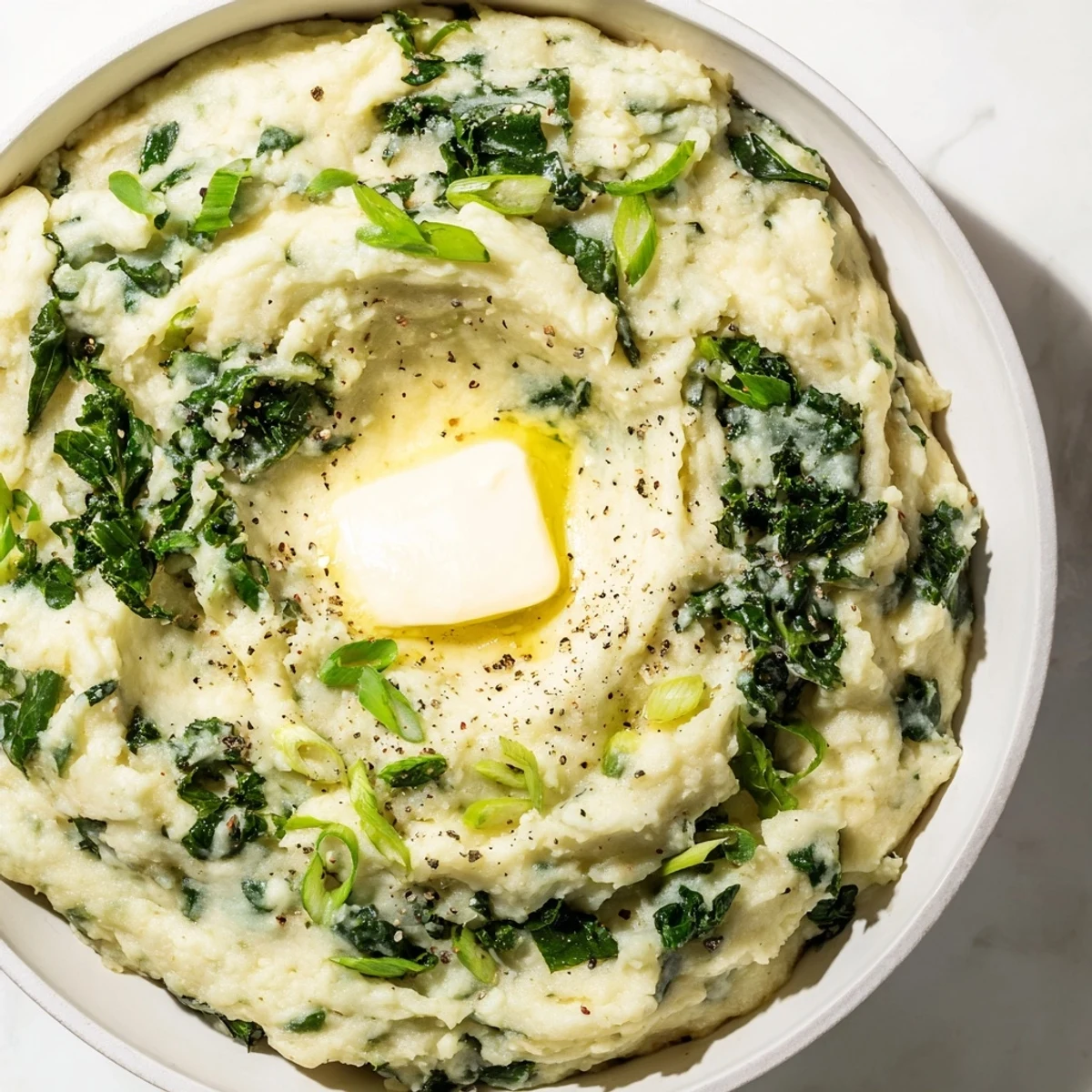 A close-up of Irish Colcannon with Kale and Butter, creamy mashed potatoes dotted with vibrant green kale and a melting butter pat.