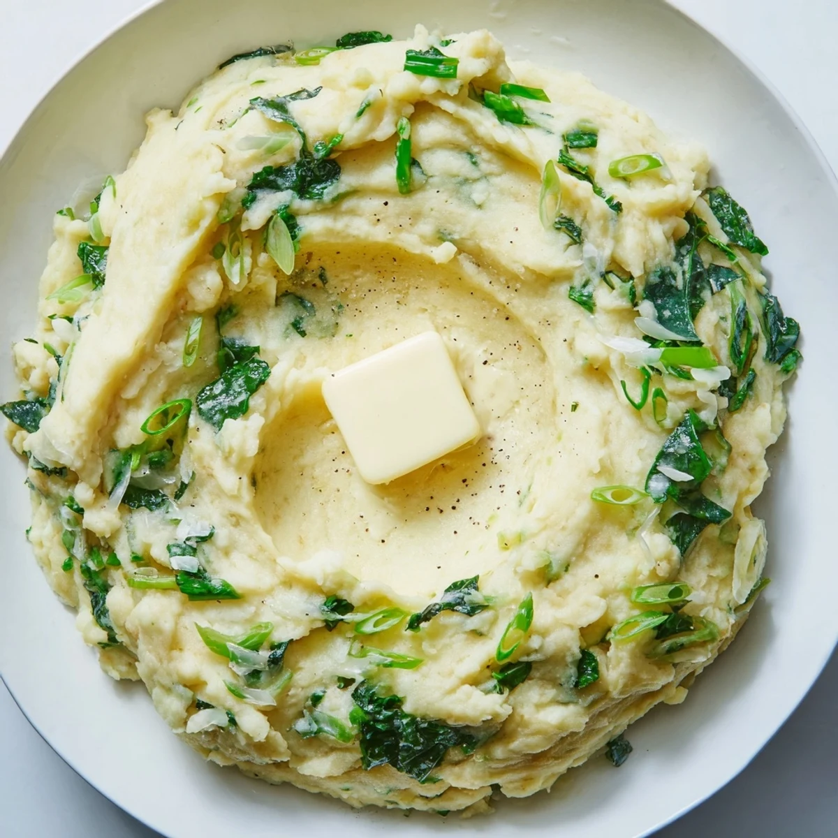 Serving suggestion for Irish Colcannon with Kale and Butter, garnished with sliced spring onions and a rich, buttery gloss.